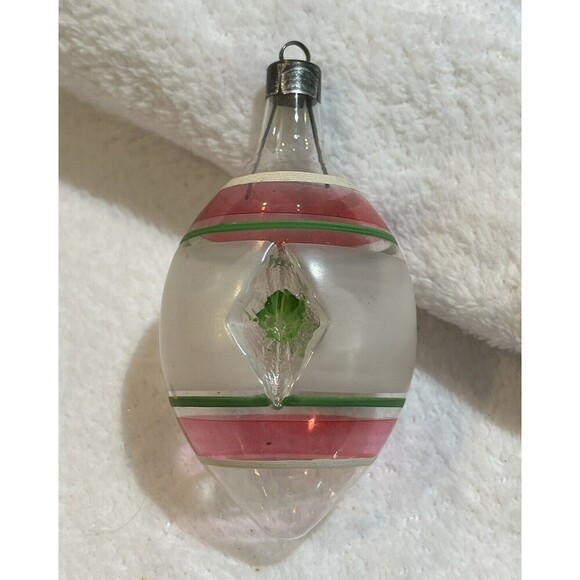 Vintage WWII Premier Xmas Glass Ornament 3.5” 2 Sided Indented Teardrop - Picture 3 of 7